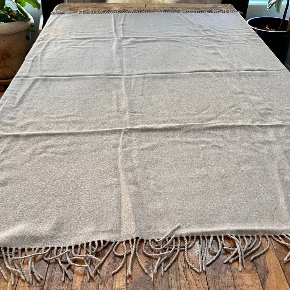 Blanket Throw 100% Wool Tan Woven Tasseled 56 x 63"